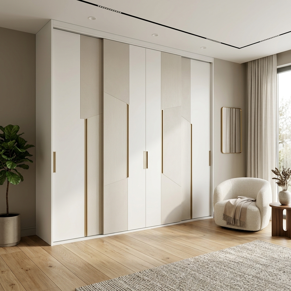 Белый шкаф-купе с геометрией фасадов