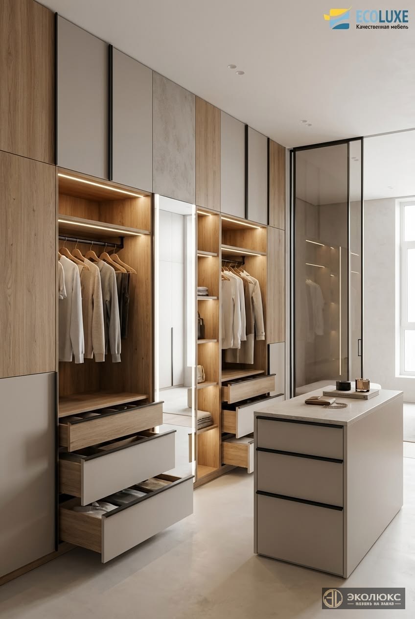 Элегантный встроенный шкаф с подсветкой