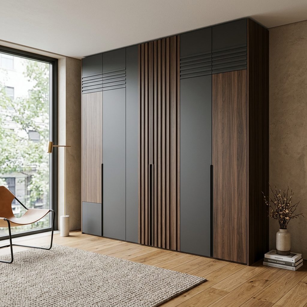 Встроенный шкаф до потолка с графитовыми фасадами