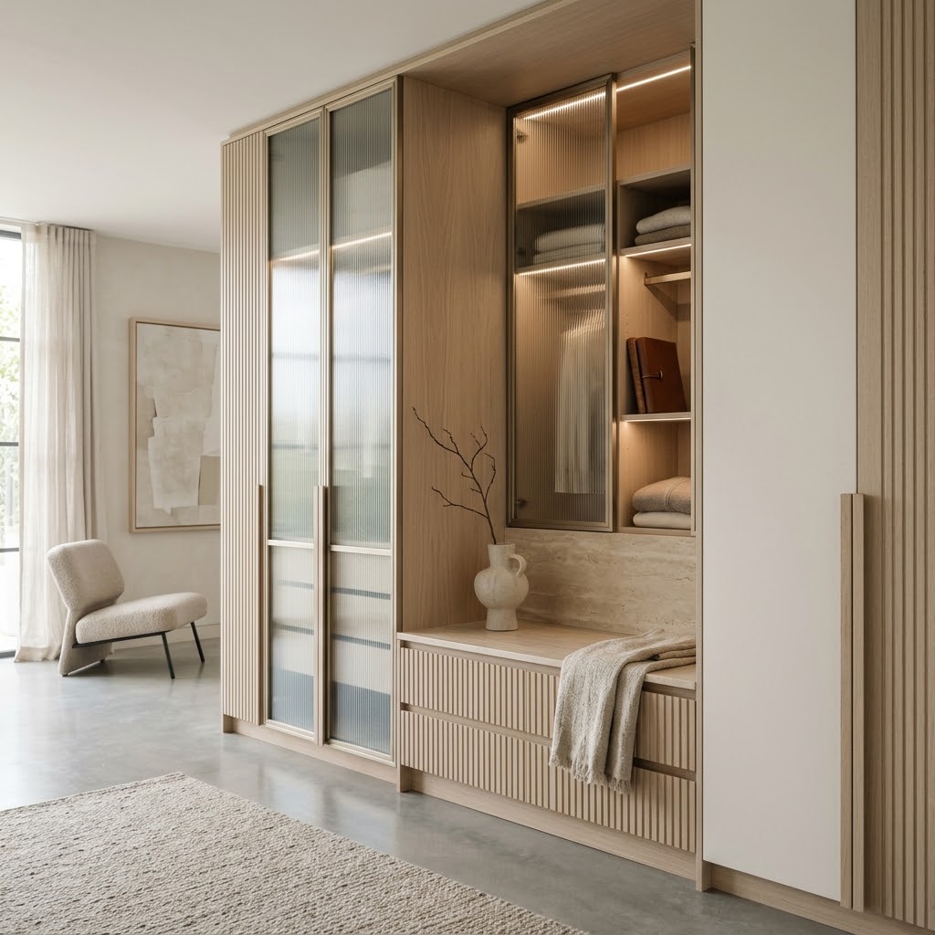 Встроенный шкаф с подсветкой и стеклом