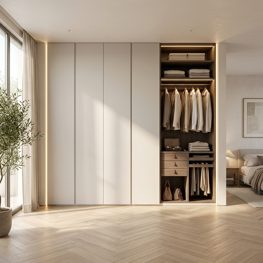 Встроенный белый шкаф до потолка