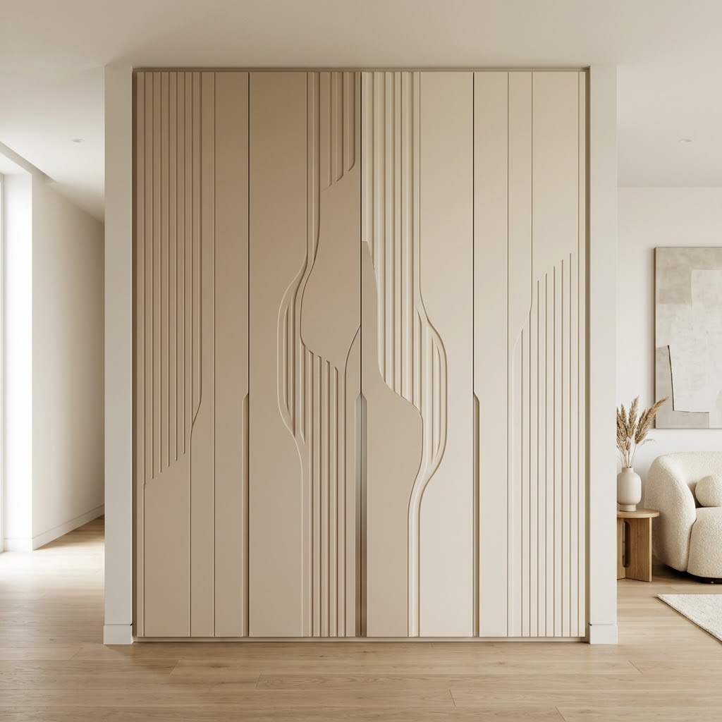 Бежевый шкаф-купе с фрезеровкой