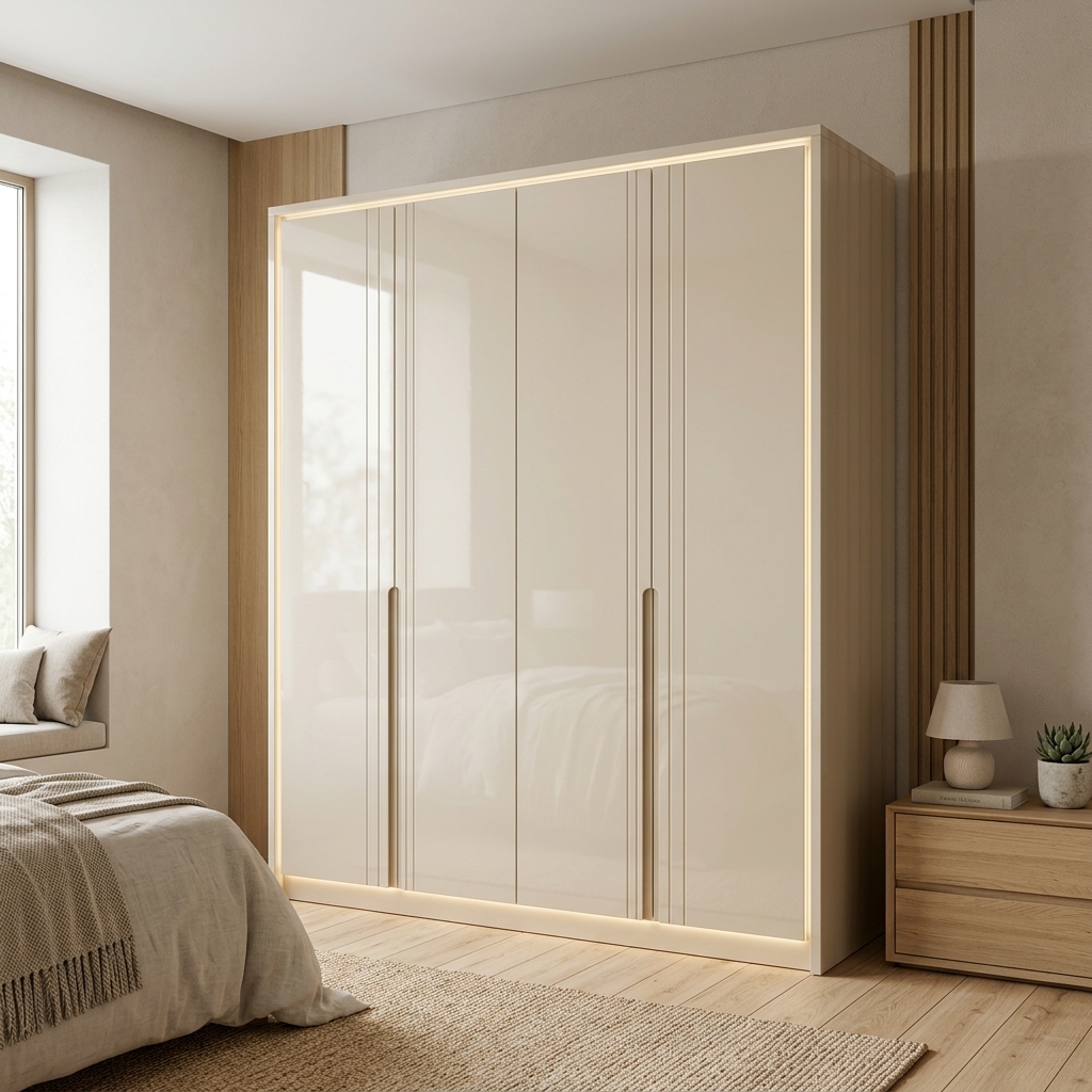 Глянцевый шкаф с подсветкой для спальни