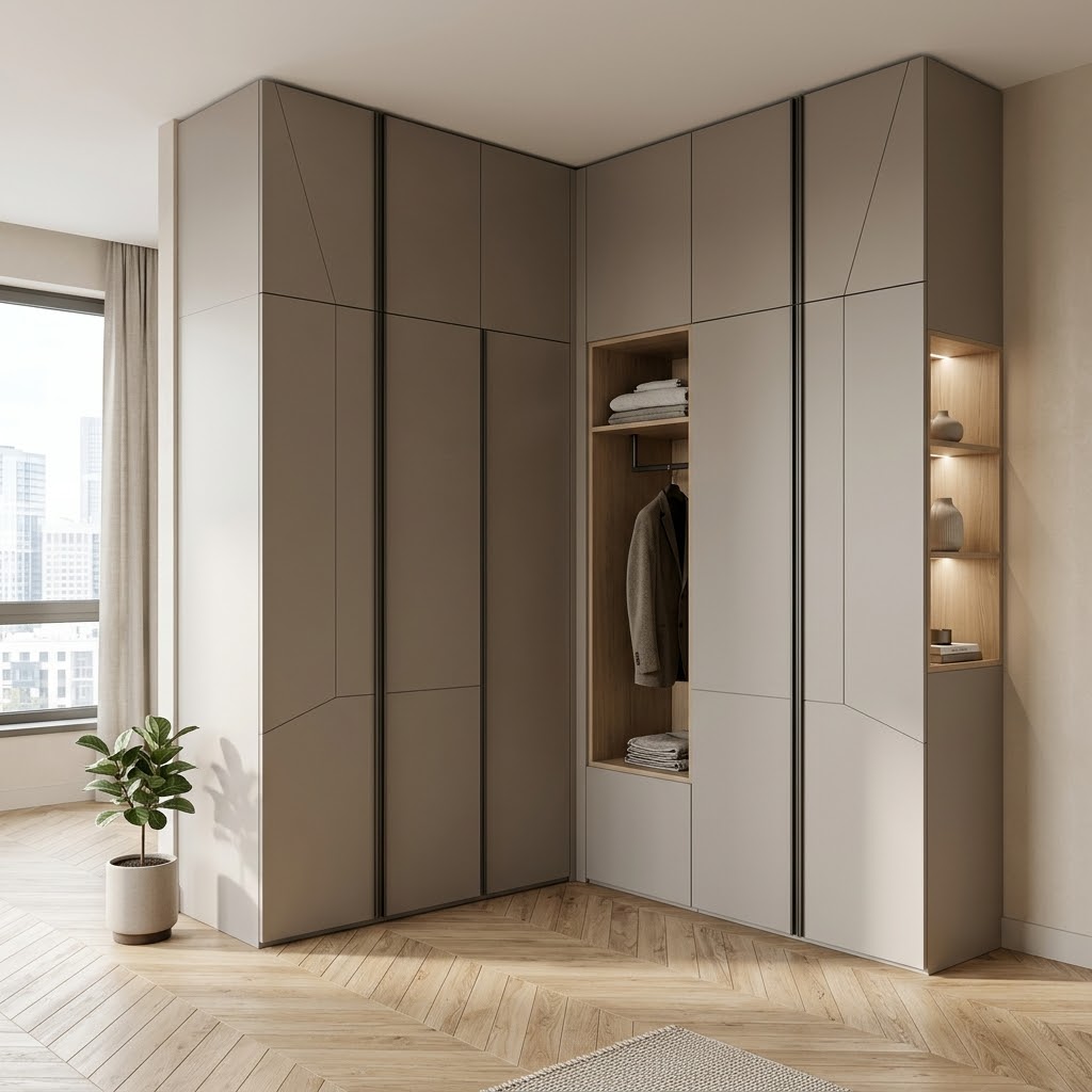 Современный угловой шкаф в прихожую