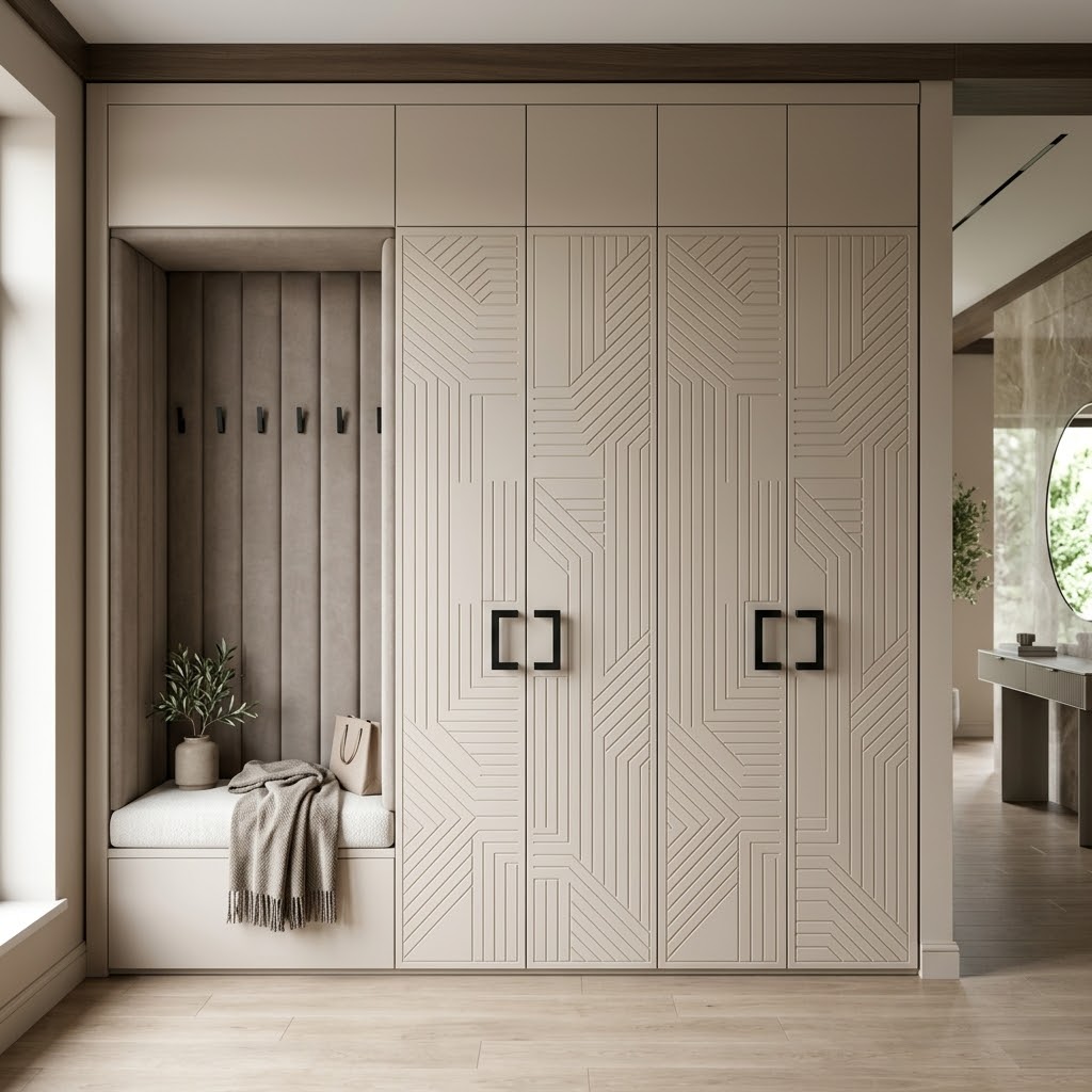 Бежевый шкаф-прихожая с фрезеровкой и матовой отделкой