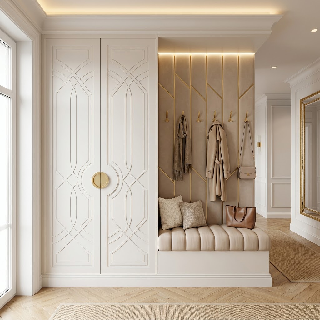 Белая прихожая с мягкой панелью и шкафом