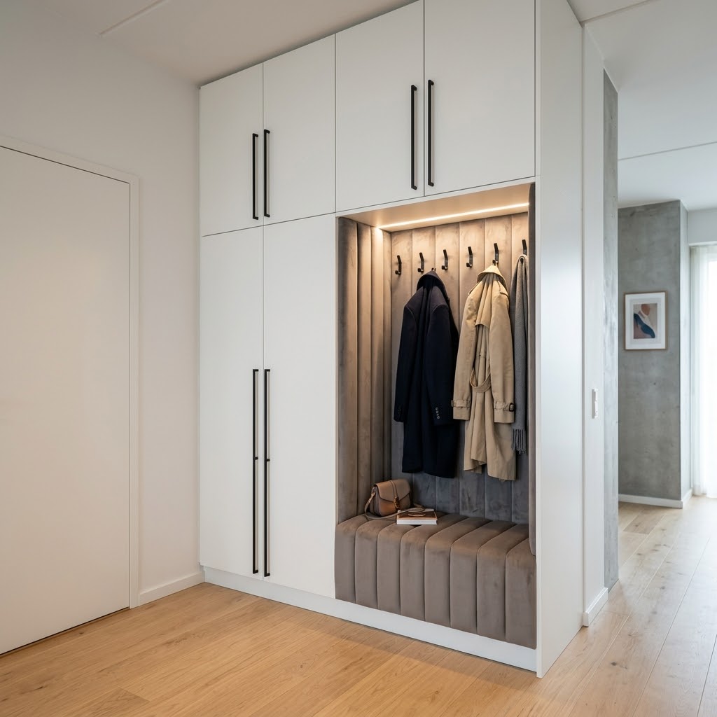 Современная прихожая с антресолью и нишей для одежды