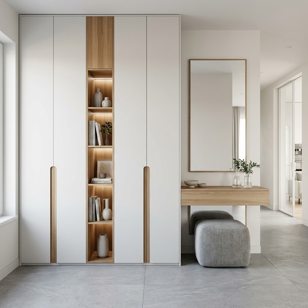 Современная прихожая с матовыми фасадами и нишей