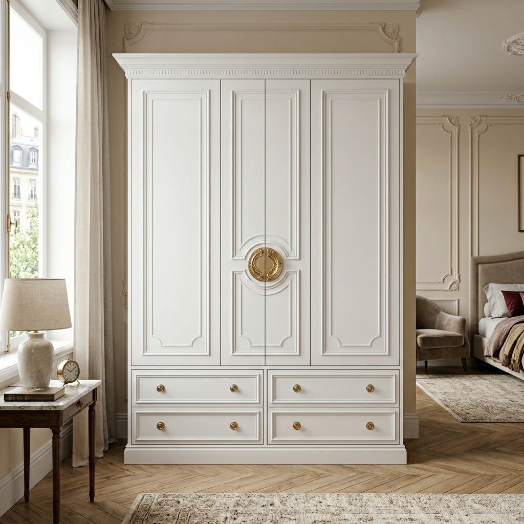 Белый шкаф в неоклассическом стиле с круглыми ручками
