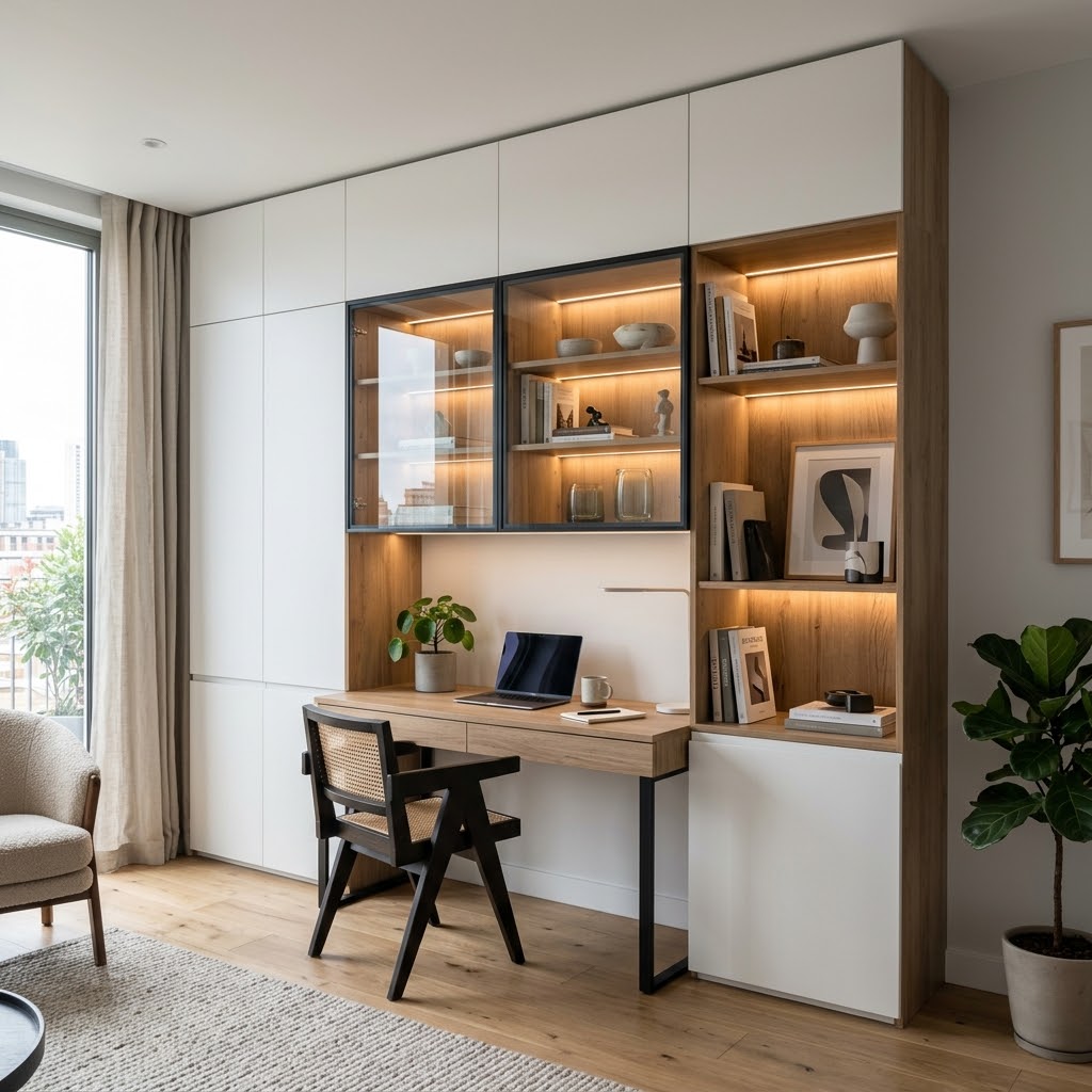 Встроенный шкаф с рабочей зоной и подсветкой