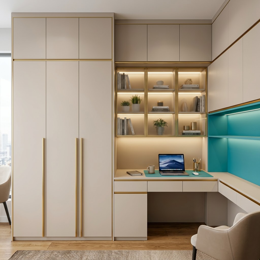 Встроенный шкаф с рабочей зоной и подсветкой