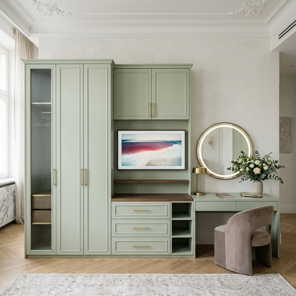 Светло-зеленый гарнитур с фасадами МДФ для ТВ-зоны