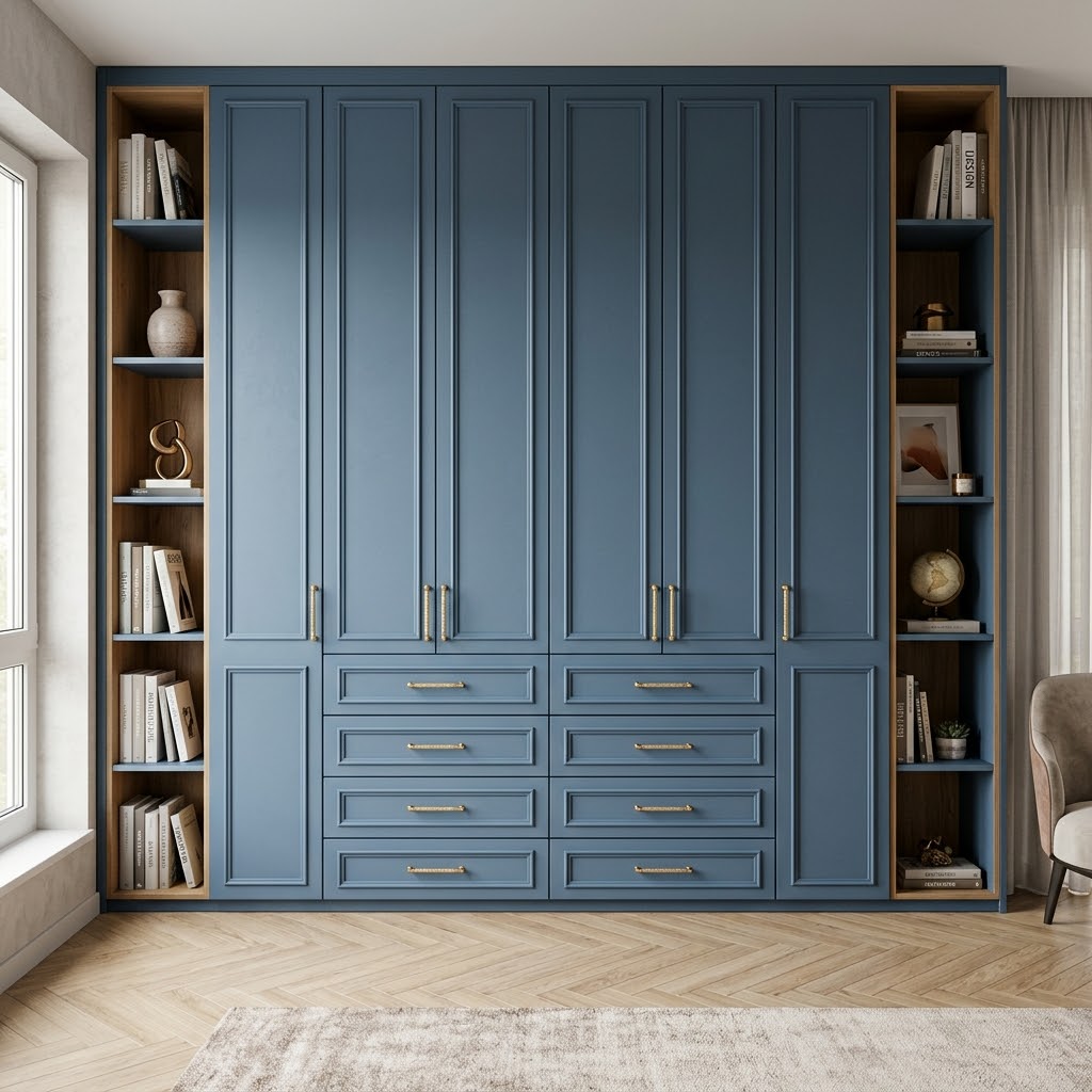 Встроенный синий шкаф Параиба с открытыми полками