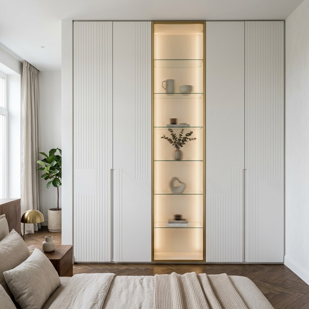 Встроенный шкаф с фрезеровкой и стеклянной витриной