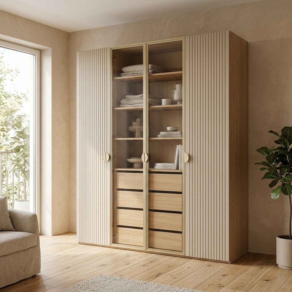 Трёхдверный бежевый шкаф с витриной и фрезеровкой