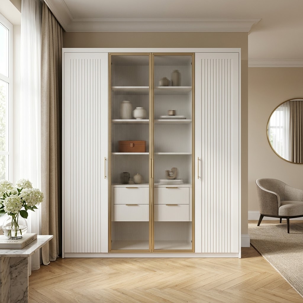 Белый шкаф премиум с витринами и фрезеровкой