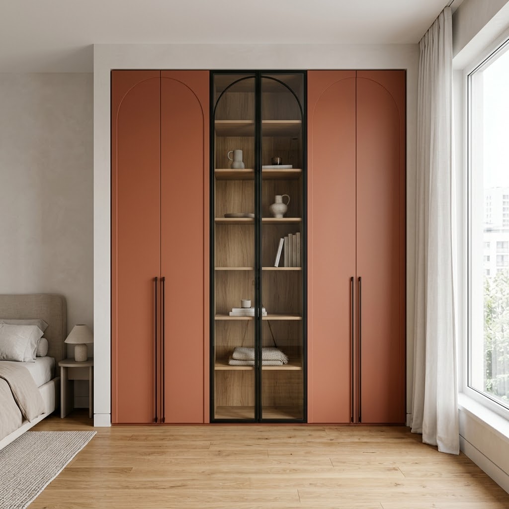 Встроенный шкаф с арочными фасадами и витриной