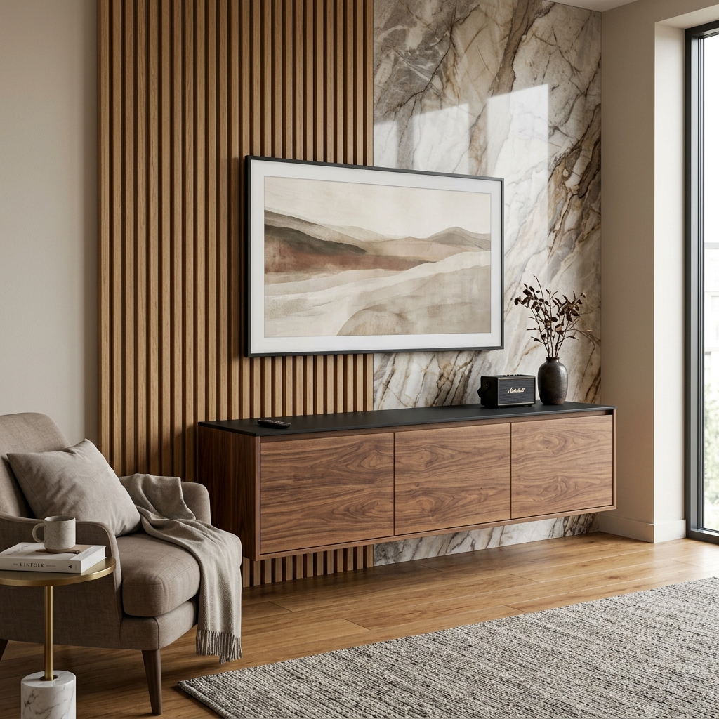 Современная подвесная стенка с древесным фасадом