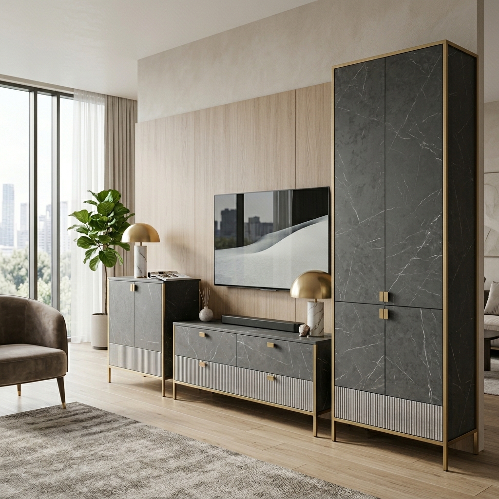 Современная стенка в гостиную с отделкой под мрамор