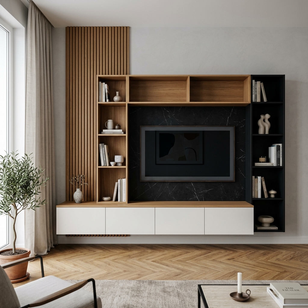 Модульная гостиная стенка с нишей для ТВ и декором