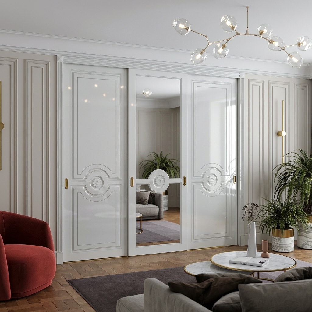 Белый встроенный шкаф-купе с зеркалом Монро