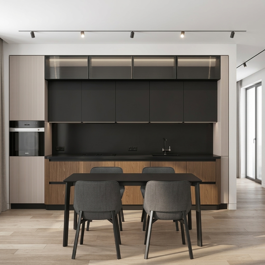 Современная кухня с матовыми фасадами и древесными акцентами
