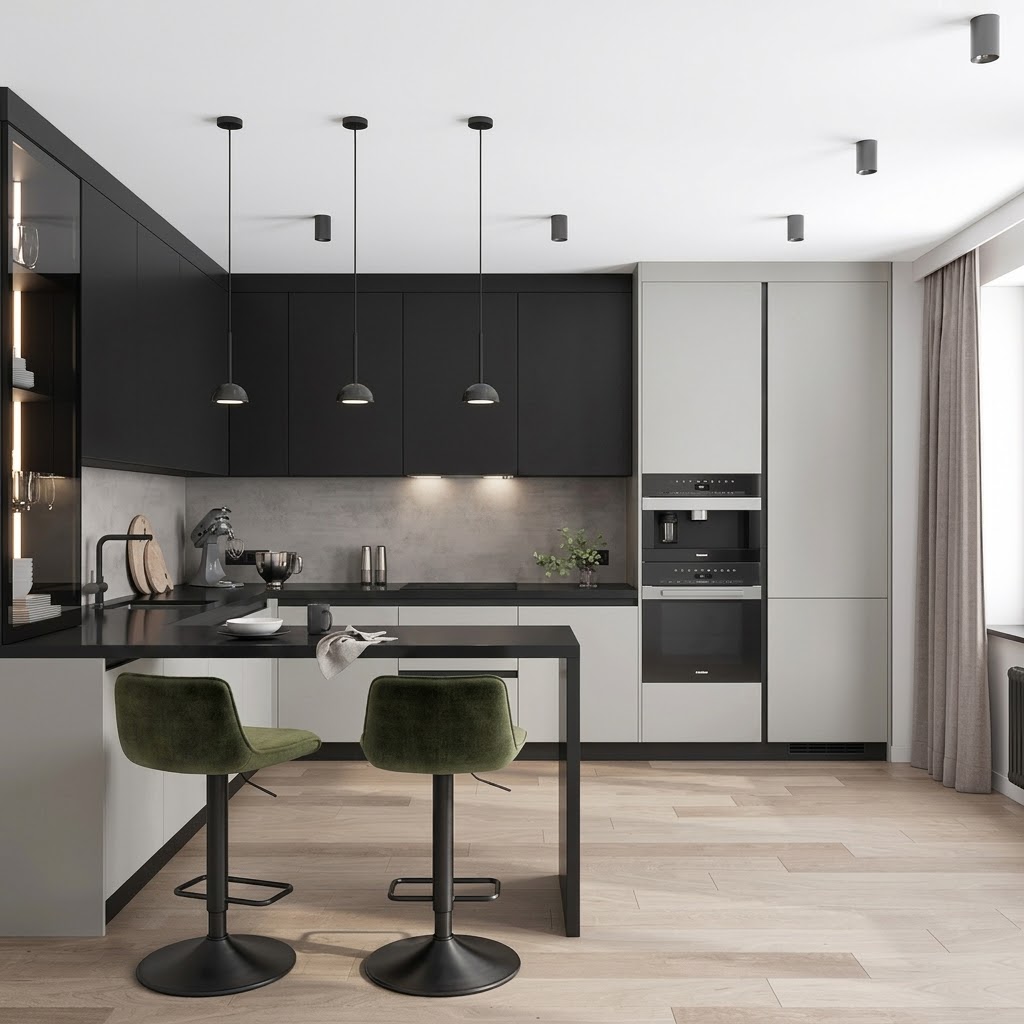 Современная кухня Равенна с барной зоной и подсветкой