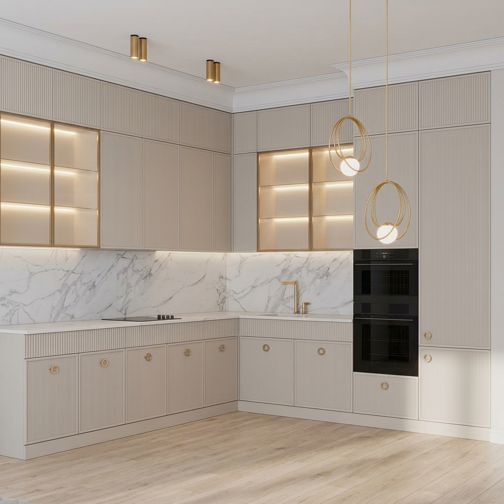 Современная бежевая кухня с мраморной столешницей