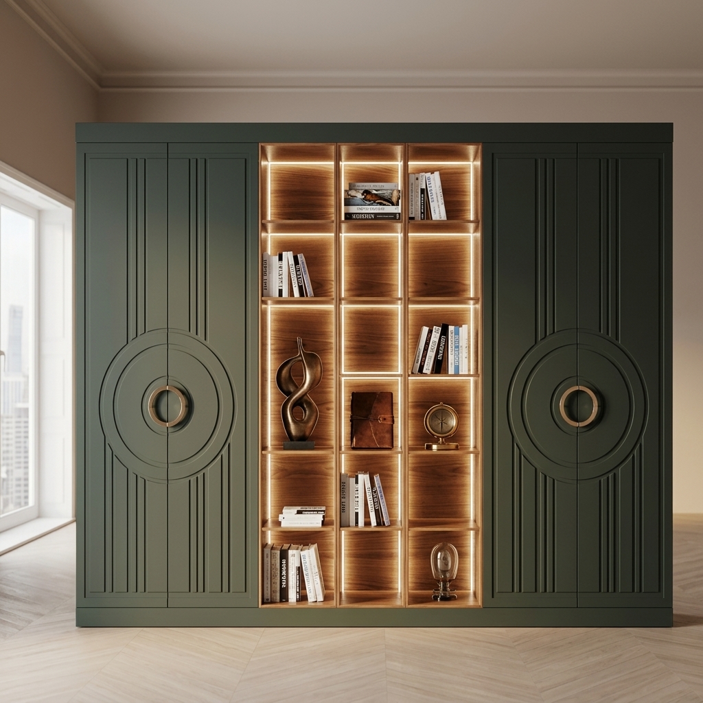 Встроенный шкаф с открытыми секциями и LED подсветкой