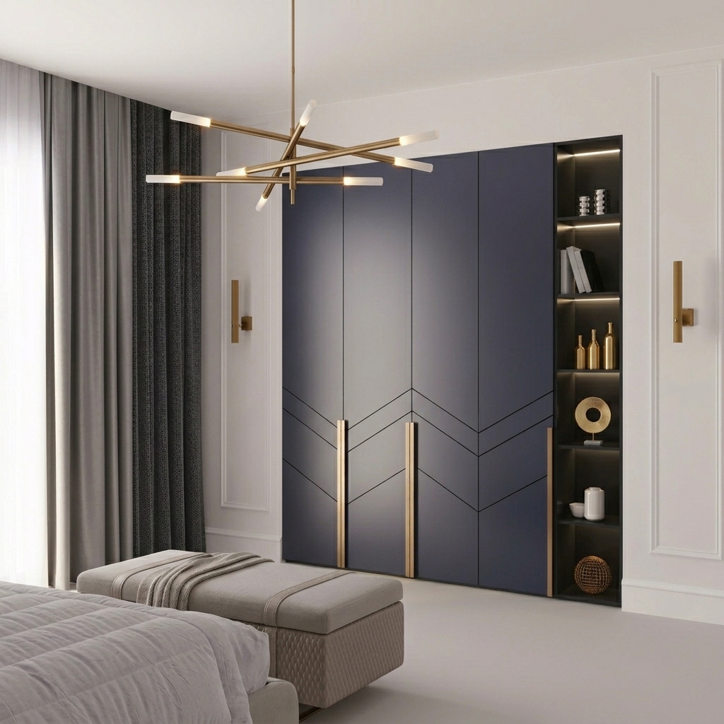 Встроенный шкаф с открытыми полками и фрезеровкой