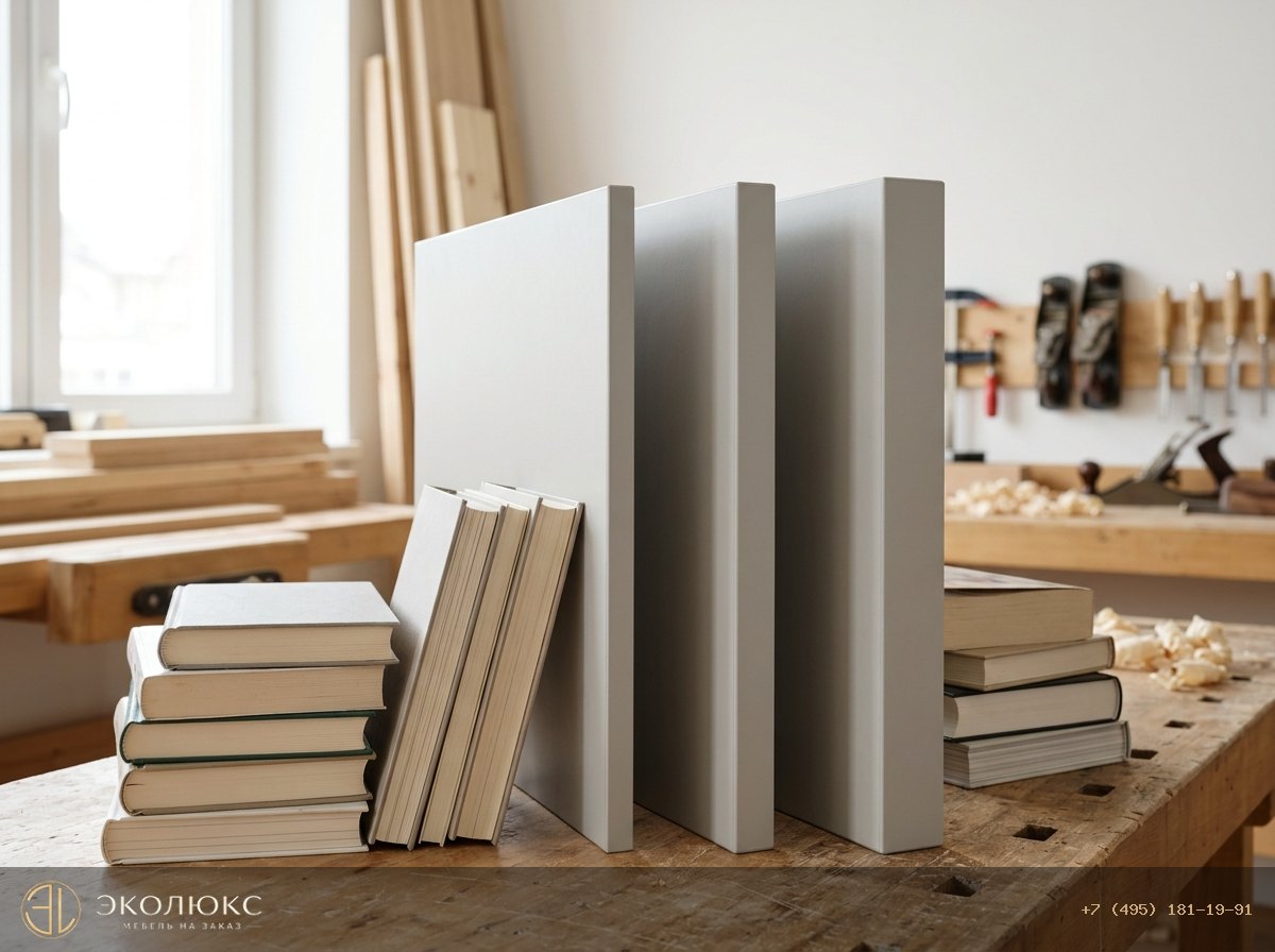 Три полки разной толщины и книги для наглядной нагрузки.